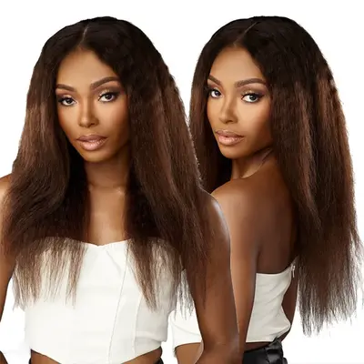 Black Brown Ombre Kinky Straight Half Wig With Drawstring Glueless Wear Go 3 in 1 Wig Human Hair