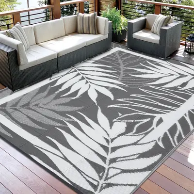Garvee Waterproof Reversible Outdoor Rug - Heavy Duty Grey White Plastic Mat for Patio, Garden, Deck, Camping, Picnic - UV Re...