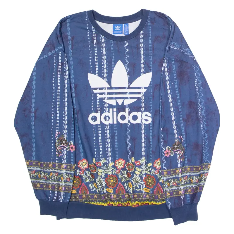 ADIDAS ORIGINALS Floral Womens Sweatshirt Blue Crew Neck UK 10