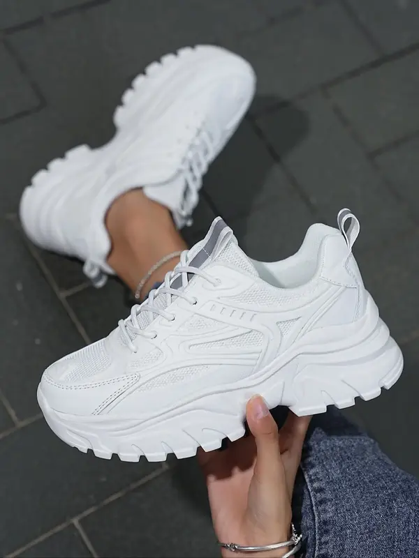 Women's Fashionable Plain Platform Sneakers, 1 Pair Casual Comfortable Breathable Sports Shoes, Female All-match Chunky Sneak...