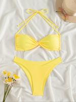 Two-Piece Set Women's Solid Color Halter Bikini Set, High Stretch Casual Fashion Chic Tie Back Backless Swim Top & Swim Botto...