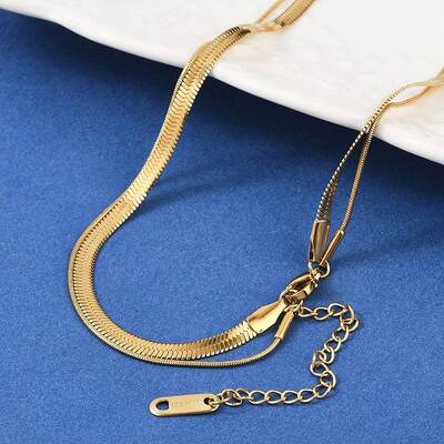 316 Stainless Steel Round Snake and Herringbone Chains Double Layer Necklace for Women Men