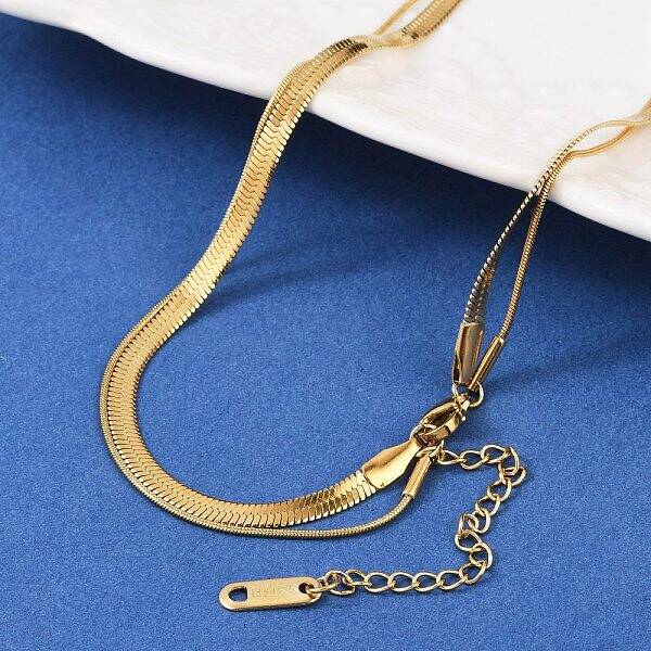316 Stainless Steel Round Snake and Herringbone Chains Double Layer Necklace for Women Men