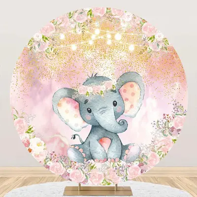 Pink Floral Elephant Gold Round Baby Shower Backdrop - Aperturee