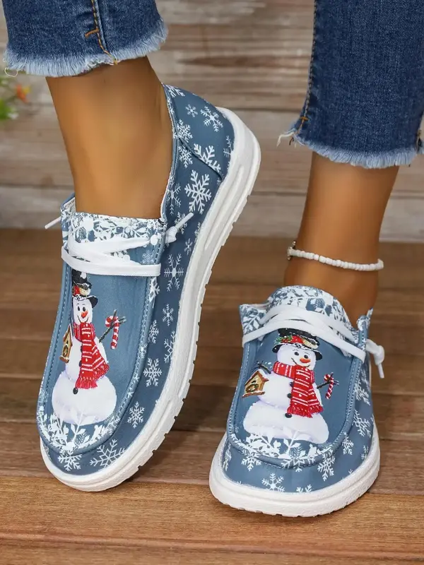 Women's Christmas Snowman Print Lace Up Low Top Sneakers, Casual Comfortable Sports Shoes, Female All-match Round Toe Shoes f...
