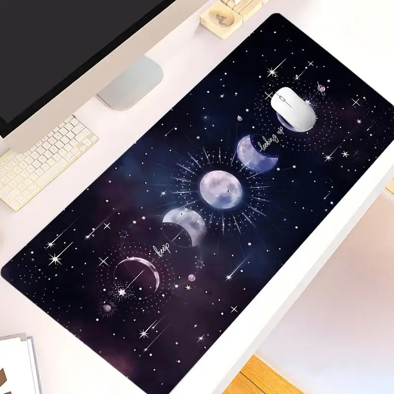 Moon & Star Pattern Mouse Pad, Astronomy Theme Large Gaming Mouse Pad, Non-slip Rubber Base Stitched Edge Desk Pad for Offic...