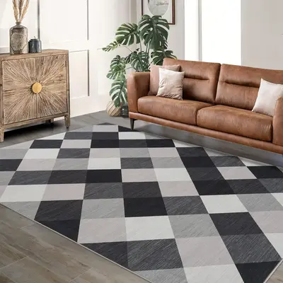 Garvee Non-Slip Washable Checkered Runner Rug - Black and Gray Plaid Carpet - Modern Geometric Area Rug for Hallway, Entryway...