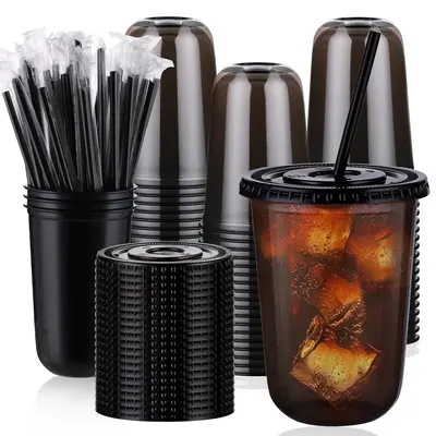 100 Set 16oz Plastic Cups with Lids and Straws, Disposable Black Clear Iced Coffee Cup with Lid, Round Bottom Plastic To Go C...