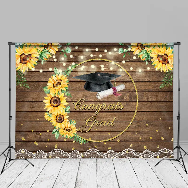 Sunflowers Light Wood Congrats Grad Photo Backdrop - Aperturee