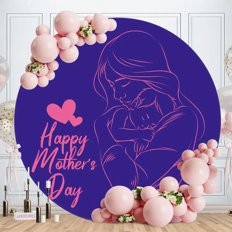 Aperturee Purple And Pink Abstract Line Round Mothers Day Backdrop