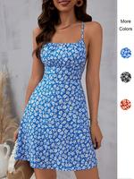 Women's Ditsy Floral Print Criss Cross Tie Sleeveless Backless Cami Dress, Boho Fashion Spaghetti Strap A Line Short Dress fo...
