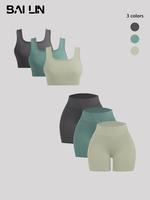Three-piece Set Women's Back To School Solid Ribbed Crop Tank Top & High Waist Shorts Set, Basic Minimalist Comfort Scoop Nec...