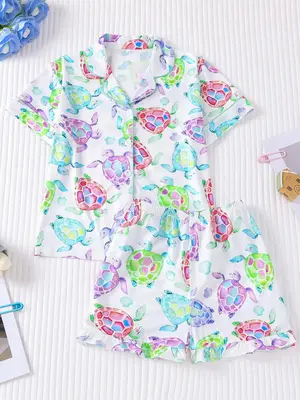 Girl's Cartoon Print Short Sleeve Top & Shorts Two-piece Set, Casual Comfy Top & Shorts Pj Set, Kids Sleepwear for All Season...