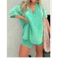 2-piece set, 2025 summer women's fashionable and casual two-piece set, short sleeved and shorts set, loose and comfortable