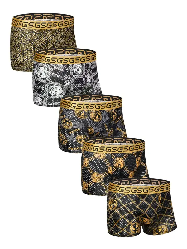 5pcs Men's Black & Gold MixedColor Cotton Underwear, Tropical Briefs Set Elegant Humanboxer brief