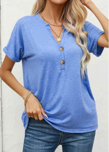 Modlily Blue Button Short Sleeve Split Neck T Shirt - XL