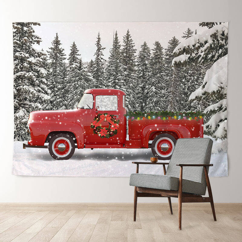 Aperturee Wreath Red Truck Snowy Forest Christmas Backdrop