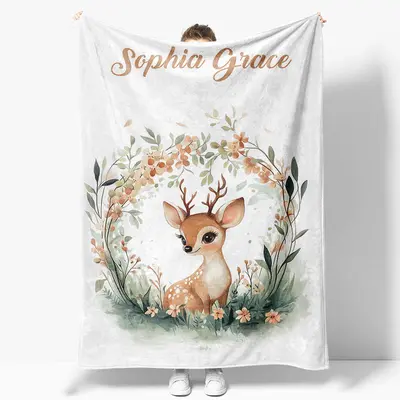 Green Wreath Wild Baby Deer Custom Name Blanket - Aperturee