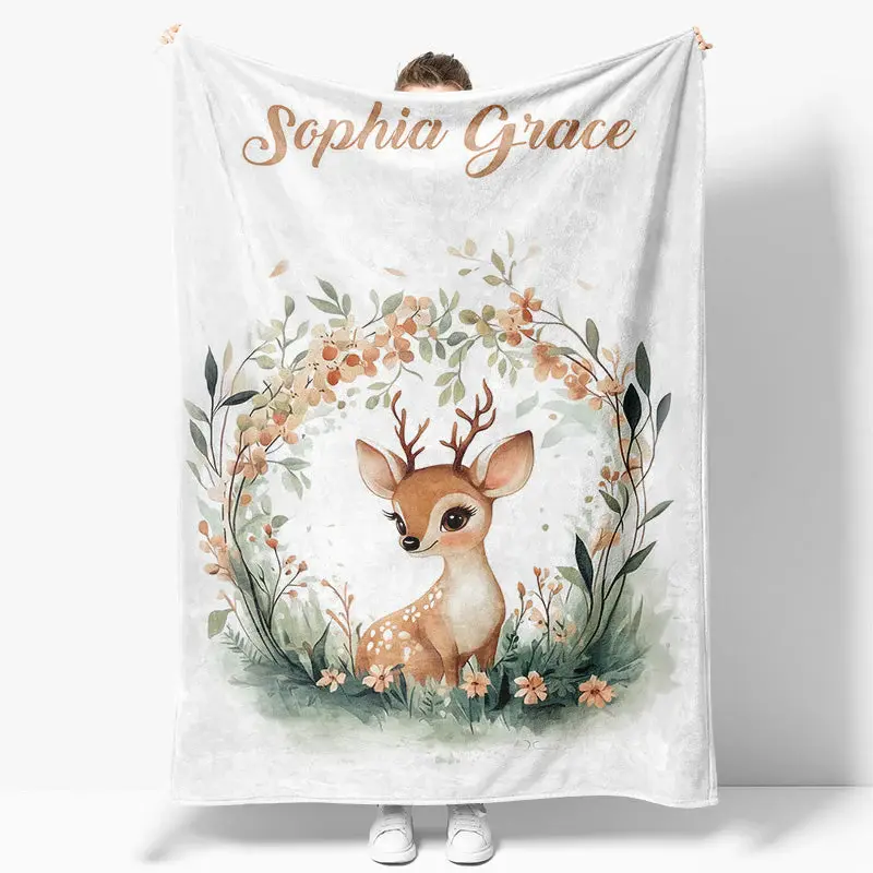 Green Wreath Wild Baby Deer Custom Name Blanket - Aperturee