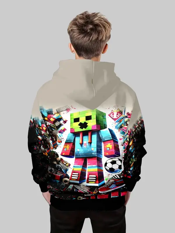 Boys' Fashion 3D Print Hoodie Sweatshirt, Casual Long Sleeve Pullover with Pockets, Stretch Polyester Blend, Ideal for Daily ...