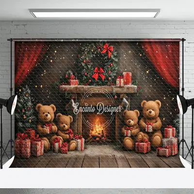 Aperturee Lighted Warm Fireplace Bear Gifts Christmas Backdrop, 3X2FT(1MX0.6M), 14 USD, christmas backdrops, ENHD2J41-M