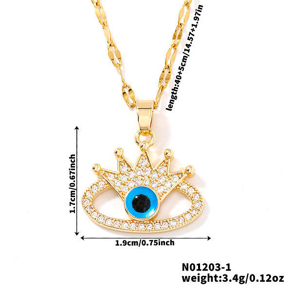 Fashionable Hip-hop Style Brass Full Crystal Rhinestone Crown Blue Evil Eye Pendant Dapped Chain Necklaces for Women