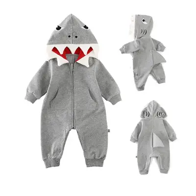 Newborn Baby Boy Girl 3D Cartoon Shark Hooded Romper Jumpsuit Zipper Climb Playsuit