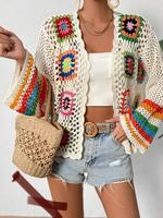 Women's Ethnic Pattern Cardigan, Boho Longsleeves Open Front Crochet Knitwear for Spring & Fall, Fashion Women's Knit Clothin...