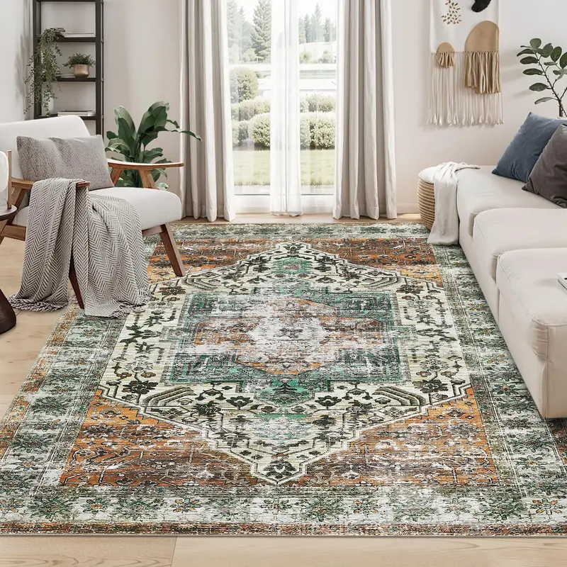 Garvee Large Area Rug Rusty Brown 10x13 Washable Rug for Living Room Vintage Oriental Rug Non Slip Low Pile Ultra Soft Rug St...