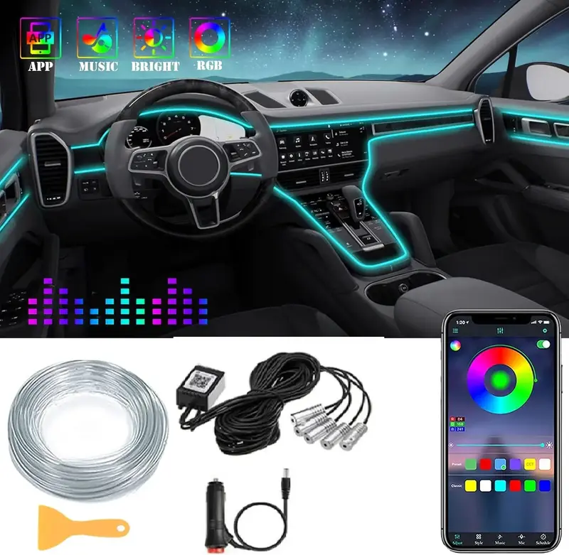 6M Multi-Color Car Interior Led Strip Lights Rgbic EL Wires Flexible Ambient Lighting Fiber Optics USB Neon Light Automotive ...