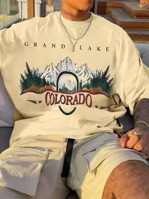 Men's Colorado Landscape Print Drop Shoulder Tee, Regular Fit Casual Street Letter Graphic Round Neck Half Sleeve T-Shirt for...