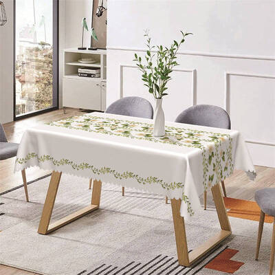 Green Leaf Floral White Simple Rectangle Tablecloth - Aperturee