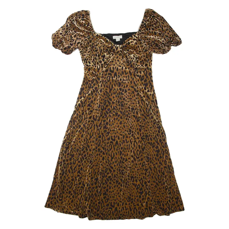 MONSOON Womens Day Dress Brown Velvet Animal Print Short Sleeve Midi UK 12