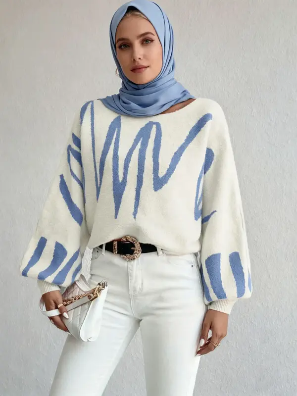 Women's sweater with wavy lantern sleeves, loose design, off - the - shoulder knitted top. A sweater suitable for daily commu...