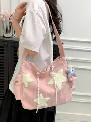 Women's Star Pattern Corduroy Crossbody Bag, Large Capacity Multi-pocket Shoulder Bag, Trendy Versatile Daily Commuting Bag