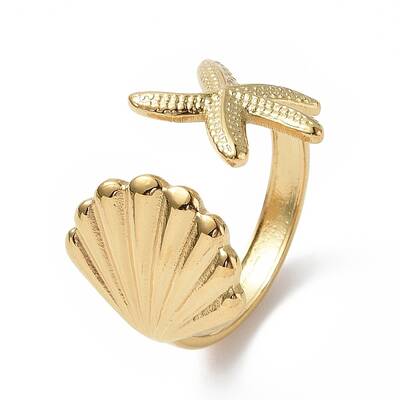 Ion Plating(IP) 304 Stainless Steel Shell with Starfish Open Cuff Ring for Women