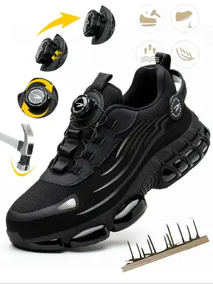 Men's Casual Lace Up Low Top Safety Shoes, Fashionable Breathable Comfortable Patched Rotating Automatic Buckle Design Work S...