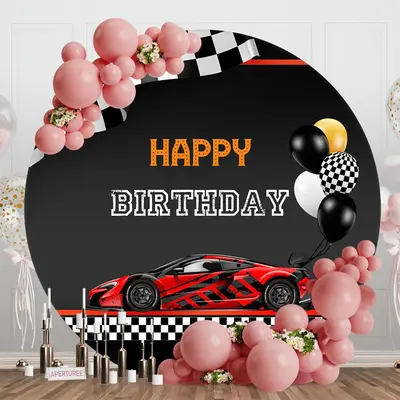 Red Black Car Balloons Round Happy Birthday Backdrop - Aperturee
