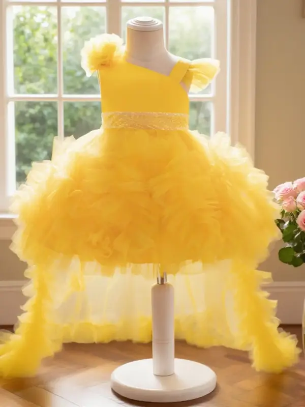 Girl's Floral Appliques Contrast Mesh Sheer Ruffle Hem Dress, Elegant Asymmetrical Neck Sleeveless Zipper Back Tutu Poofy Dre...