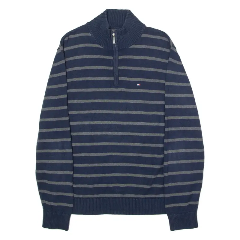 TOMMY HILFIGER Mens Jumper Blue Striped 1/4 Zip Tight Knit M