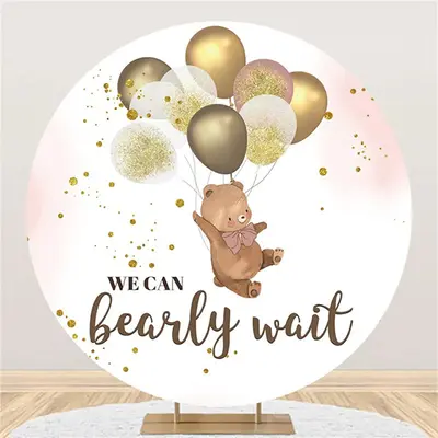 Brown Bear Balloon Pink Round Baby Shower Backdrop - Aperturee