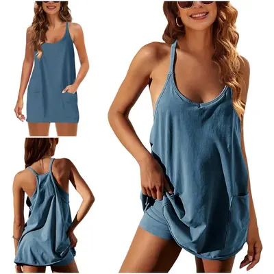 Womens Athletic Sleeveless Mini Dress with Built-in Shorts V Neck Spaghetti Strap Short Tennis Dress with Pockets
