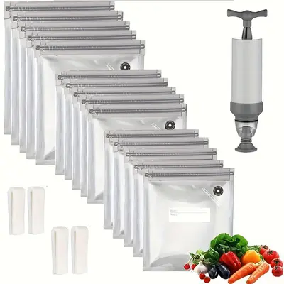 Reusable Vacuum Food Storage Bag, 20pcs/set Multi-size Vacuum Food Bag with Hand Pump & Sealing Clips, Portable Storage Bag f...