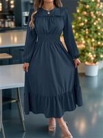 Women's Plain Shirred Ruffle Trim A Line Dress, Elegant Bishop Sleeve Round Neck Long Dress for Party Holiday Wedding Guest, ...
