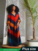 【 Plus Size】 Striped Print Vneck Kaftan Dress, Dresses for Women, Casual Boho Batwing Sleeve Split Hem Maxi Dress for Sum...