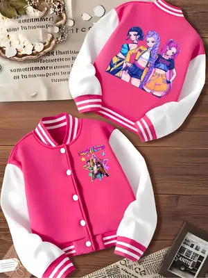 Girls Short Baseball Jacket with Cartoon Design, Fitted Activewear for Kids, Elastic Fabric for Fall & Winter, Trendy School ...