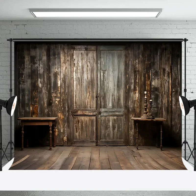 Retro Floor Shabby Wooden Barn Door Photo Backdrop - Aperturee
