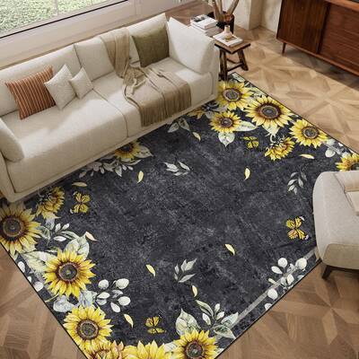 Garvee Sunflower 5x7ft Washable Area Rug – Modern Floral Print, Soft Low Pile Non-Slip Carpet for Living Room, Bedroom, Kid...