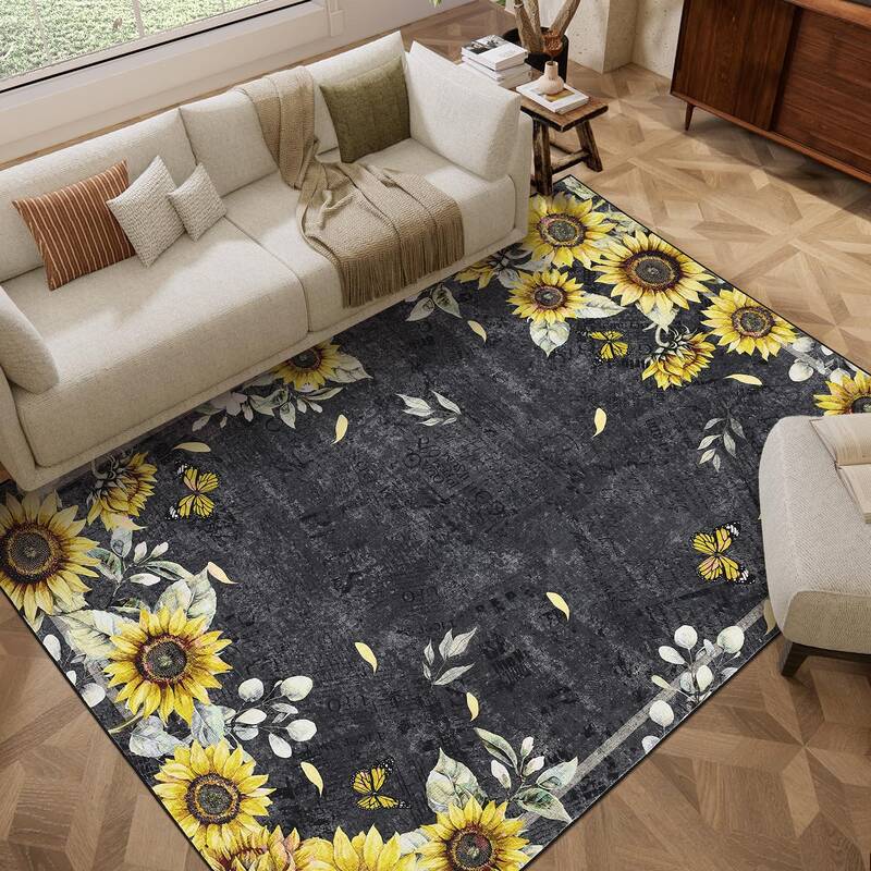 Garvee Sunflower 5x7ft Washable Area Rug – Modern Floral Print, Soft Low Pile Non-Slip Carpet for Living Room, Bedroom, Kid...