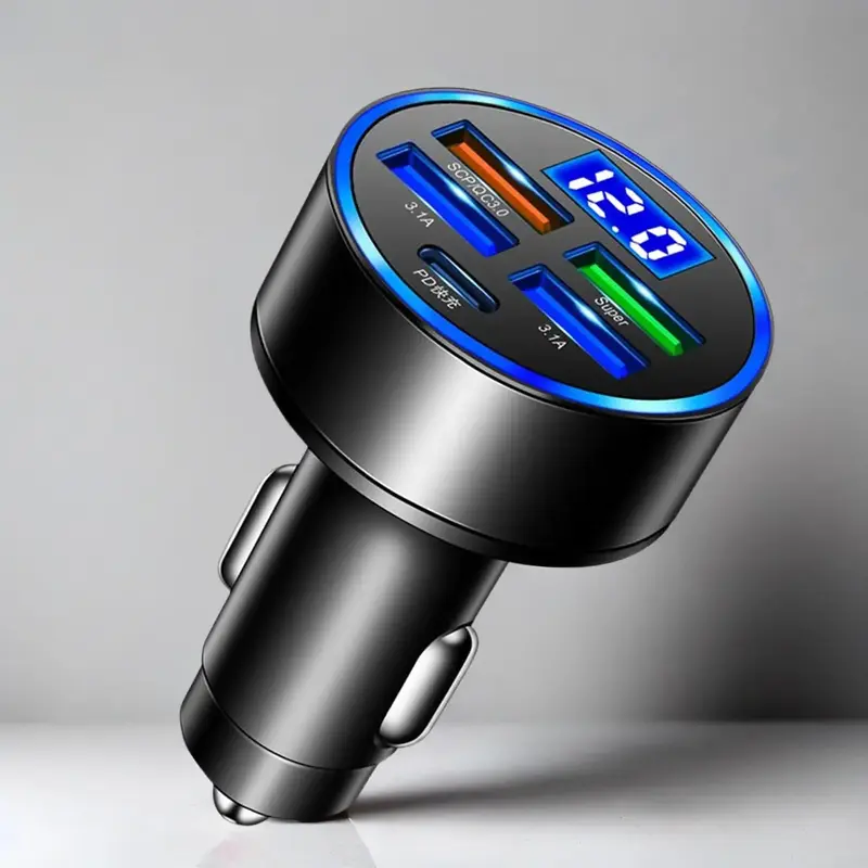 Portable Car Charger with Smart Digital Display, 5-port Car Charger Fast Charging PD QC3.0 USB C Car Phone Charger Type-C Ada...